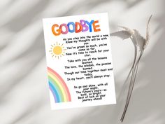 a card with the words goodbye written on it and a flower next to it in front of a white background