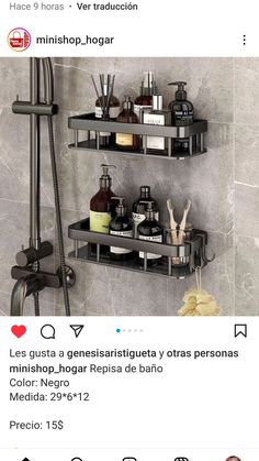 the bathroom is decorated in black and white with lots of items on shelves above it