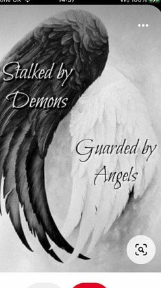 an angel's wing with the words, stalking by demonss guarded by angels