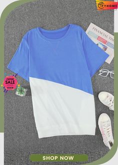 Sky Blue Gray Crew Neck Colorblock Plus Size Tee Blue Cotton Splicing T-shirt, Spring Crew Neck Top With Color Matching, Blue Patchwork T-shirt For Summer, Casual Blue Color Block T-shirt, Blue Patchwork Crew Neck Top, Blue Crew Neck Patchwork T-shirt, Blue Splicing Tops For Summer, Blue Spliced Tops For Summer, Blue Crew Neck T-shirt With Patchwork