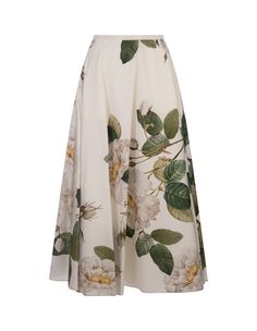 This white and green midi skirt by Giambattista Valli is made from poplin and features a Giant Bloom print. Logoed waistband. Concealed back zip fastening. Composition: Composition:, 100% Cotton. Chic White Skirt For Garden Party, White Floral Print Flared Skirt, White Flared Skirt With Floral Print, White Floral Print Skirt For Garden Party, Chic White Skirt With Floral Print, White Voluminous Midi Skirt, White Pleated Skirt For Garden Party, White Midi Skirt For Garden Party, White Full Skirt For Garden Party