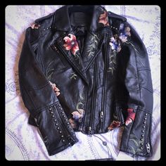 Gorgeous Leather Jacket From Urban Outfitters, Still Has Tags And Never Worn. Can Fit A Medium Embellished Fitted Leather Jacket With Long Sleeves, Fitted Embellished Leather Jacket With Long Sleeves, Fitted Long Sleeve Embellished Leather Jacket, Winter Embellished Leather Jacket With Long Sleeves, Embellished Long Sleeve Biker Jacket For Fall, Embroidered Biker Leather Jacket For Fall, Fitted Leather Jacket With Floral Embroidery For Winter, Embroidered Biker Jacket For Winter, Winter Embellished Long Sleeve Biker Jacket