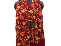 Pattern - red Kashmiri shawl with floral embroidery. Ideal for - women. Occasion - formal or casual. Fabric - cotts wool, it is a blend of cotton and wool which is very soft and has a fine texture. Color - maroon. On maroon background, embroidery is in different colored threads all over displaying floral patterns. Size - Width - 41 x 80 inches approx. Care- gentle hand wash. For more such scarves please visit- https://www.etsy.com/in-en/shop/vibrantscarves?ref=seller-platform-mcnav&section_i Red Pashmina Shawl With Motifs, Red Shawl With Embroidered Border, Red Shawl With Embroidered Border In Traditional Drape, Red Pashmina Shawl With Motifs And Traditional Drape, Red Pashmina Shawl With Motifs In Traditional Drape, Red Embroidered Shawl With Traditional Drape, Red Pashmina Shawl With Resham Embroidery For Festivals, Elegant Red Scarf For Festive Season, Elegant Red Festive Scarf