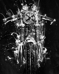 a black and white photo of a motorcycle engine with gears on it's side