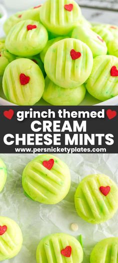 green cream cheese cookies with red hearts on them and the title overlay reads, grin - themed cream cheese mints