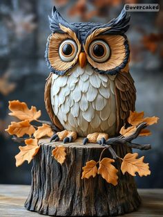 an owl figurine sitting on top of a tree stump with leaves around it