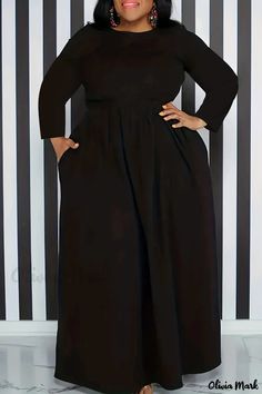 OliviaMark - Classy Black Plus Size Dresses with Sophisticated Solid Patchwork Design, O Neck and Long Sleeves (Robe noire classe taille plus avec motif patchwork uni sophistiqué, col en O et manches longues) Long Sleeve Black Maxi Dress, Black Plus Size Dress, Plus Size Elegant Dresses, Maxi Dresses Fall, Elegant Maxi Dress, Curvy Dress, Curve Dresses, Plus Size Dress, Long Sleeve Maxi Dress