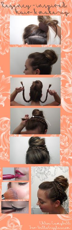 Jane Austen-inspired, Regency era style hair and make-up tutorial! Find it at HelloGiggles.com! Regency Era Hairstyles Hair Tutorials, Regency Hair Tutorial, Regency Hairstyles Tutorial, Regency Era Hair, Regency Era Hairstyles, Regency Hairstyle, Ball Bridgerton, Regency Hair