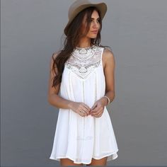 Woman's lace crochet sleeveless white mini dress S Size small white sleeveless dress. Very cute!!! Attached under slip.other sizes upon request. Dresses Mini Sukienki Maksi, White Tank Dress, Boho Styl, Boho Mode, Dress Chiffon, 여자 패션, Boho Stil, Loose Dress, Sleeveless Mini Dress