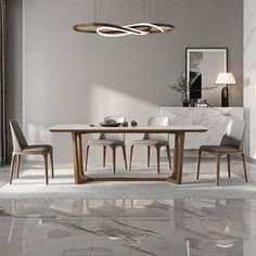 a modern dining room with marble floors and white walls