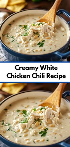 creamy white chicken chili recipe in a blue pot