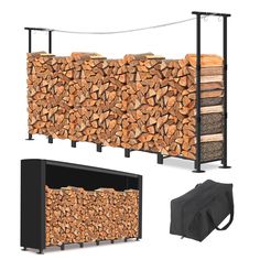 the firewood rack is made out of wood and has two large logs on it