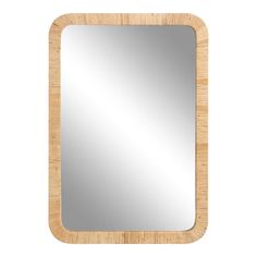 a square mirror with a wooden frame on the front and bottom, against a white background