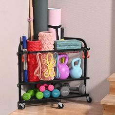 a black rack with various items on it