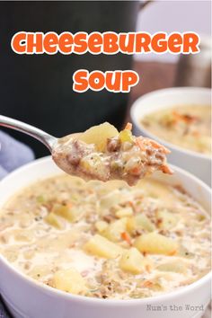 a spoon full of cheeseburger soup with potatoes