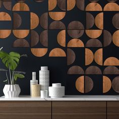 an abstract wallpaper design with circles and shapes on the wall, along with vases