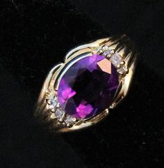 Estate 14K Yellow Gold Genuine Oval Cut Amethyst & Diamonds Ring 6.2 Grams Size 5.75 February Births Purple Oval Birthstone Ring For Formal Occasions, Formal Oval Purple Birthstone Ring, Formal Purple Oval Birthstone Ring, Classic Oval Purple Birthstone Ring, Oval Purple Birthstone Ring With Center Stone, Oval Amethyst Ring With Accent Stones, Pinky Rings, Amethyst And Diamond Ring, Diamonds Ring