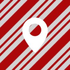 a red and gray striped background with a white map marker on it's left side