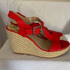 Comfortable 4” Wedge Back, 1” Wedge Front. Silver Buckle T-Strap Style. Red Synthetic Wedge Sandals With Heel Loop, Red Round Toe Wedge Sandals For Formal Occasions, Vince Camuto Shoes, Espadrille Shoes, Red Coral, T Strap, Vince Camuto, Espadrilles, Wedges