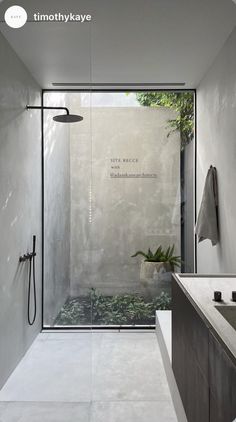 a bathroom with a walk in shower next to a sink