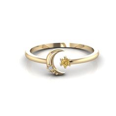 Gold Crescent Moon Ring 14K Diamond Half Moon Ring Gemstone Astrology Ring Dainty Half moon ring. This ring is made in solid 14K Gold (yellow, rose or white gold). It has a tiny genuine white Diamond resting on the Moon. Also a delicate Yellow Topaz is set to balance the moon and add some color. You can stack this ring with our North Star Ring which is sold separately. Gold Celestial Moonstone Ring In 14k, Celestial-inspired Yellow Gold Halo Diamond Ring, Celestial Rings With Sun And Moon Design For Promise, Celestial Promise Rings With Sun And Moon Design, Yellow Gold Sterling Silver Open Moonstone Ring, Elegant 14k Gold Moon Shaped Ring, Celestial Sun And Moon Design Promise Rings, Gold Celestial Rings With Gemstone, Celestial Gold Rings With Gemstone