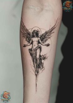 a tattoo with an angel on the arm and a woman's body in black ink