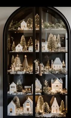 a display case filled with lots of small christmas trees and houses on top of shelves