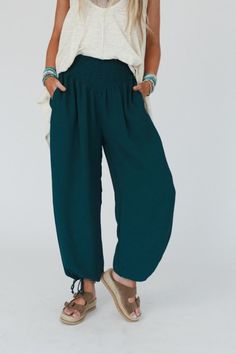 Oceana Cinched Pants - Hunter Green | Three Bird Nest Baggy Harem Pants For Vacation, Baggy Bottoms With Elastic Waistband For Vacation, Casual Harem Bottoms For Loungewear, Casual Harem Loungewear Bottoms, Casual Harem Lounge Bottoms, Bohemian Summer Pants In Solid Color, Casual Stretch Summer Harem Pants, Casual Stretch Harem Pants For Summer, Summer Drawstring Wide-leg Harem Pants