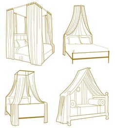 four different types of canopy beds with curtains on top and bottom, one in the middle