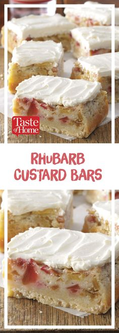 four different pictures of rhubarb custard bars