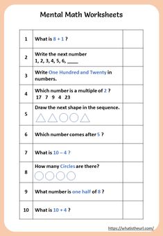 the worksheet for mental math is shown with numbers and letters on it, including one