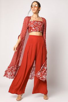 Red Embroidered & Printed Palazzo Pants Set Design by Suave by Neha & Shreya at Pernia's Pop Up Shop 2023 Outfit For Engagement, Lehenga Anarkali, Printed Palazzo Pants, Desi Fashion Casual, Indian Dresses Traditional, Traditional Indian Outfits, Colour Combos