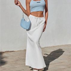 Super Cute And Stylish Ships In 5-10 Business Days Spring Maxi Skirt With Drawstring For Day Out, Casual Summer Maxi Skirt With Drawstring, Casual Beach Maxi Skirt With Drawstring, Casual Maxi Skirt With Drawstring For Beach, Casual White Maxi Skirt For Beach, White Cotton Skirt For Beach Season, Spring White Skirt With Drawstring, White Drawstring Skirt For Spring, Casual Solid Skirt For Beach Season