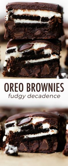 oreo brownies fudge decadence are stacked on top of each other