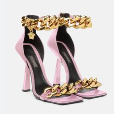 Brand New Versace Heels, Heel Sandals For Women, Chain Sandals, Versace Pink, Heels Pink, Rose Shoes, Ankle Sandals, Pink High Heels, Versace Shoes