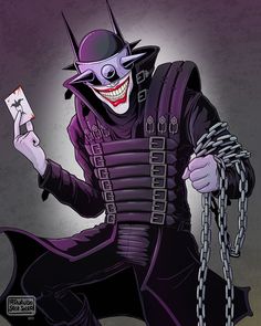 a drawing of a man dressed as the joker with chains around his ankles and holding a card