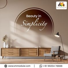 an advertisement for beauty in simplicity, with a chair and sideboard