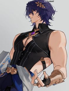 an anime character with purple hair and black clothes holding a knife in one hand while looking at something on the other