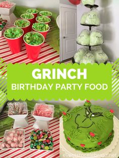 a grinch birthday party with green cake and candy