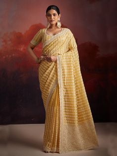 Trendy Saree, Engagement Saree, Organza Blouse, Party Sarees, Yellow Saree, Embroidery Saree, Trendy Sarees, Organza Saree