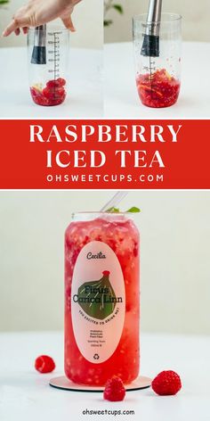 raspberry iced tea in a mason jar with strawberries on the side and two images