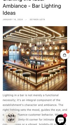 an image of a bar with lights on the ceiling and chairs in front of it