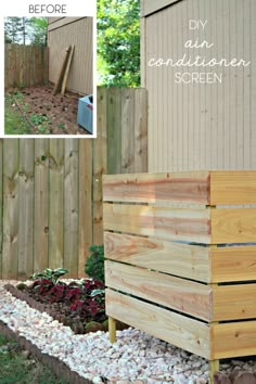 a wooden planter sitting next to a fence in front of a house with gravel