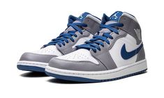 The Air Jordan 1 Mid “Cement Grey/True Blue” is a neutral colorway of the popular lifestyle shoe that was released in 2022.  Appearing in “Cement Grey/True Blue,” the Jordan 1 Mid is complete with a white leather base with contrasting Cement Grey leather overlay panels.  A True Blue leather Swoosh is located on either side of the shoe and a white “Wings” logo is found on the collar.  Jumpman and “Air” detailing appears on the blue nylon tongue tag.  A white rubber midsole and blue outsole comple Shoes Wishlist, Jordans 1, Air Jordan 1 Mid Gs, Sneakers Box, Kobe Shoes, Blue Jordans, Nike Air Jordan 1 Mid, Shoes Retro, Jordan 1s