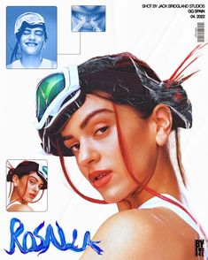 a magazine cover with an image of a woman wearing a helmet and goggles on her head