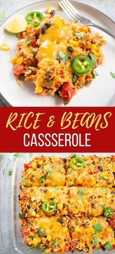 mexican rice and beans casserole on a white plate with a red border overlay