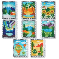 four stamps with different pictures on them, each depicting an image of the same country