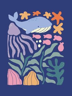 an image of a blue whale surrounded by seaweed and starfish on a navy background