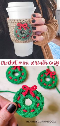 crochet mini wreath coasters are the perfect christmas decoration for your coffee cup