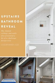 the upstairs bathroom reveal is shown in three different photos